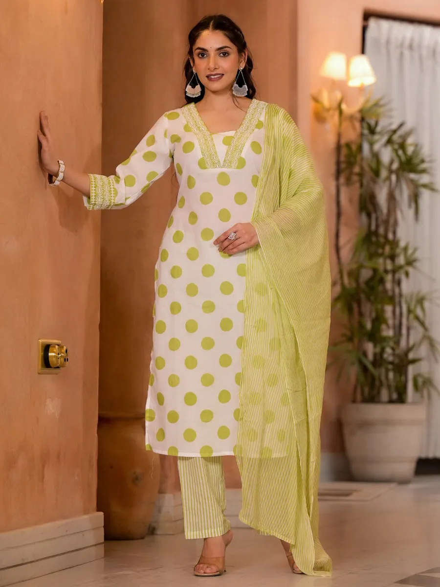 Off white and light green cotton kurti set with dupatta