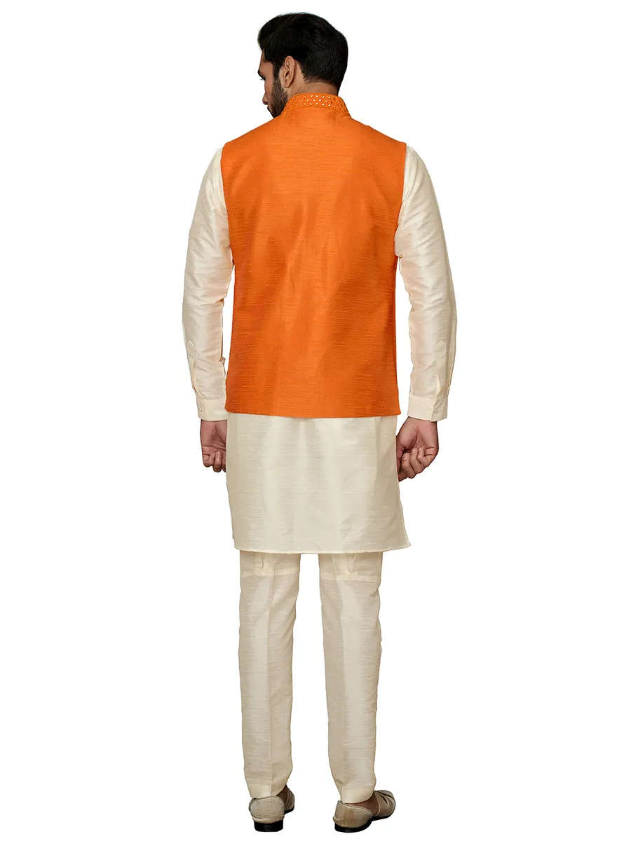 Off white and orange silk waistcoat set