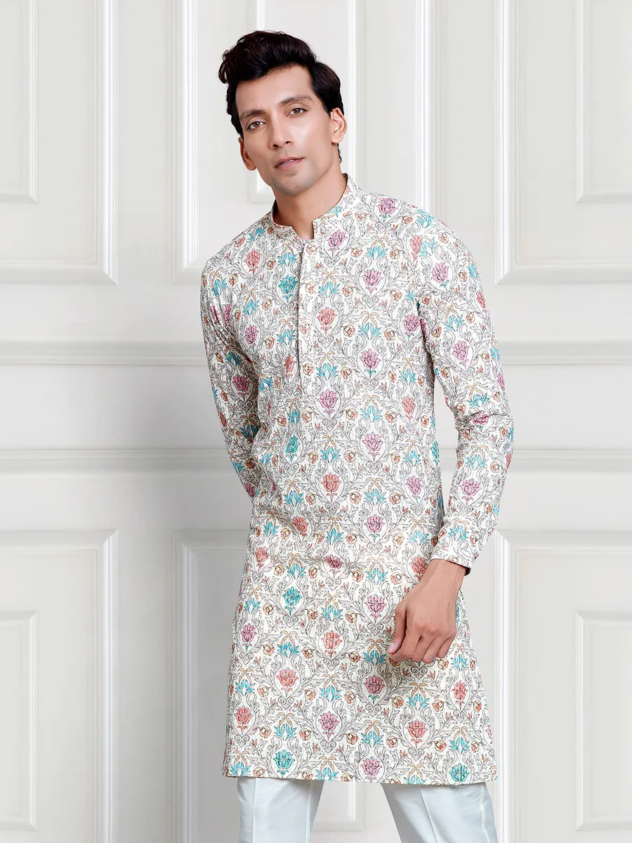 Off white and pink rayon cotton printed  Men Kurta pajama