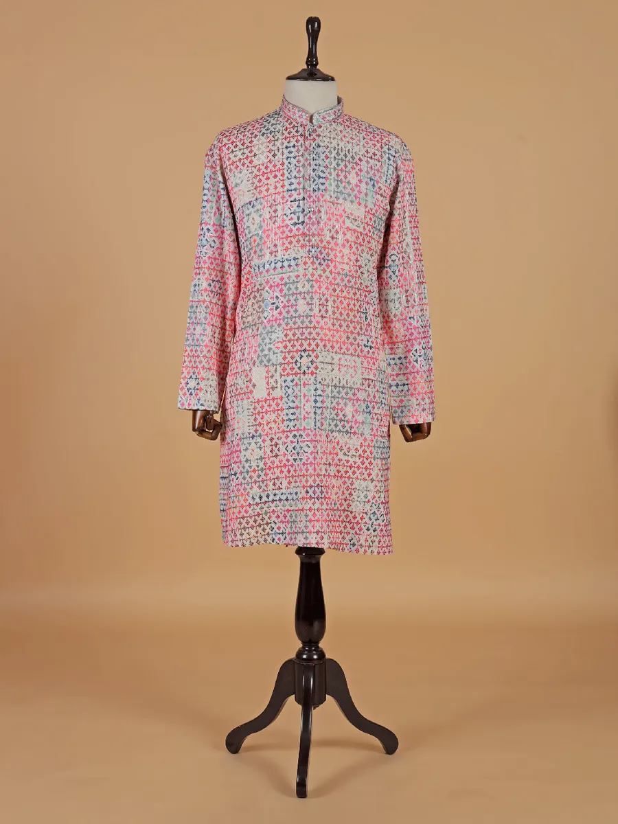 Off white cotton kurta suit with multicolor thread design