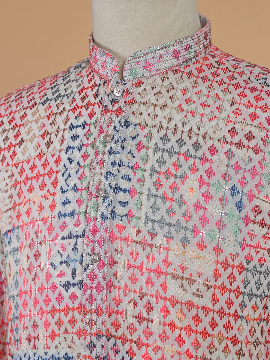 Off white cotton kurta suit with multicolor thread design