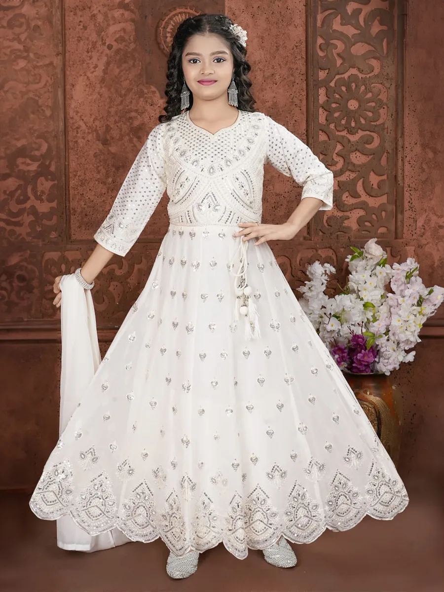 Off-white cotton silk anarkali salwar suit