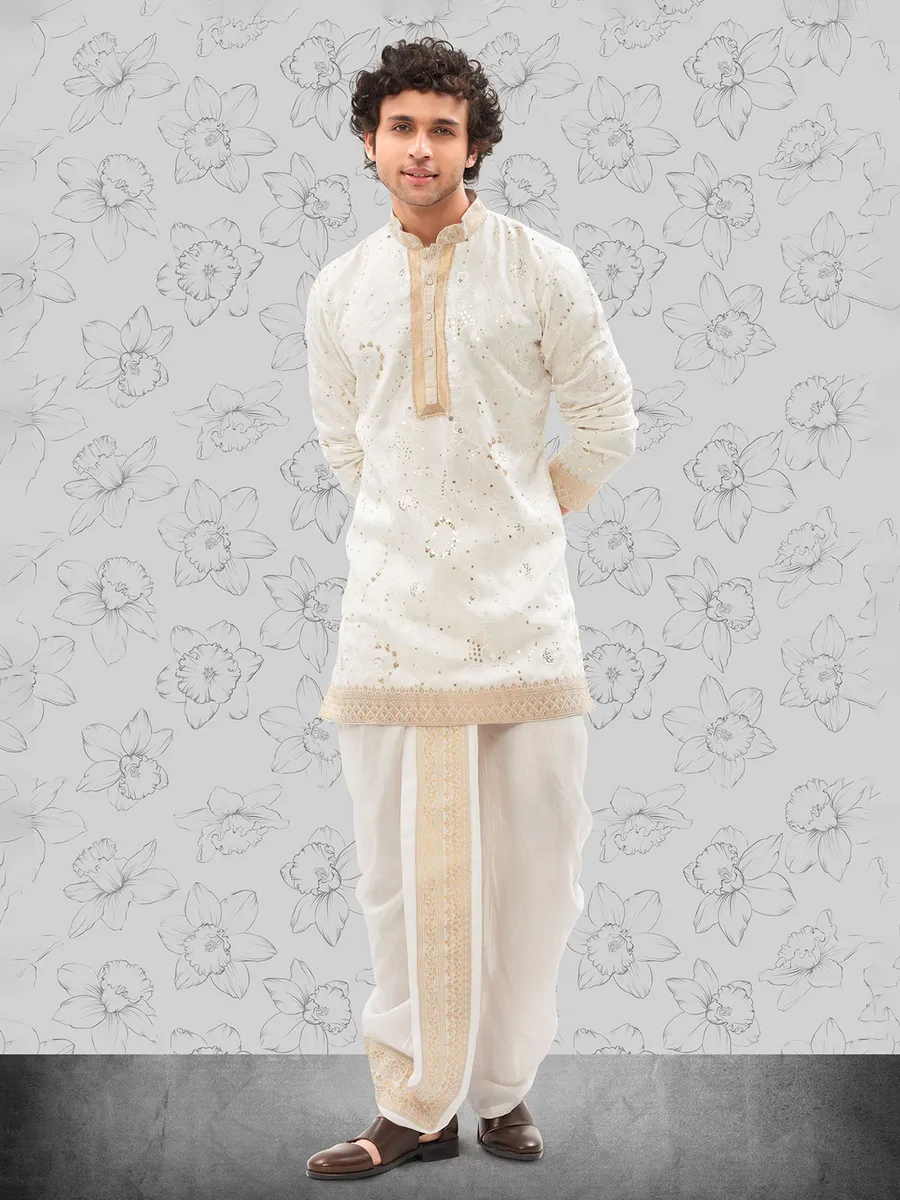 Off white cotton silk kurta pajama for men