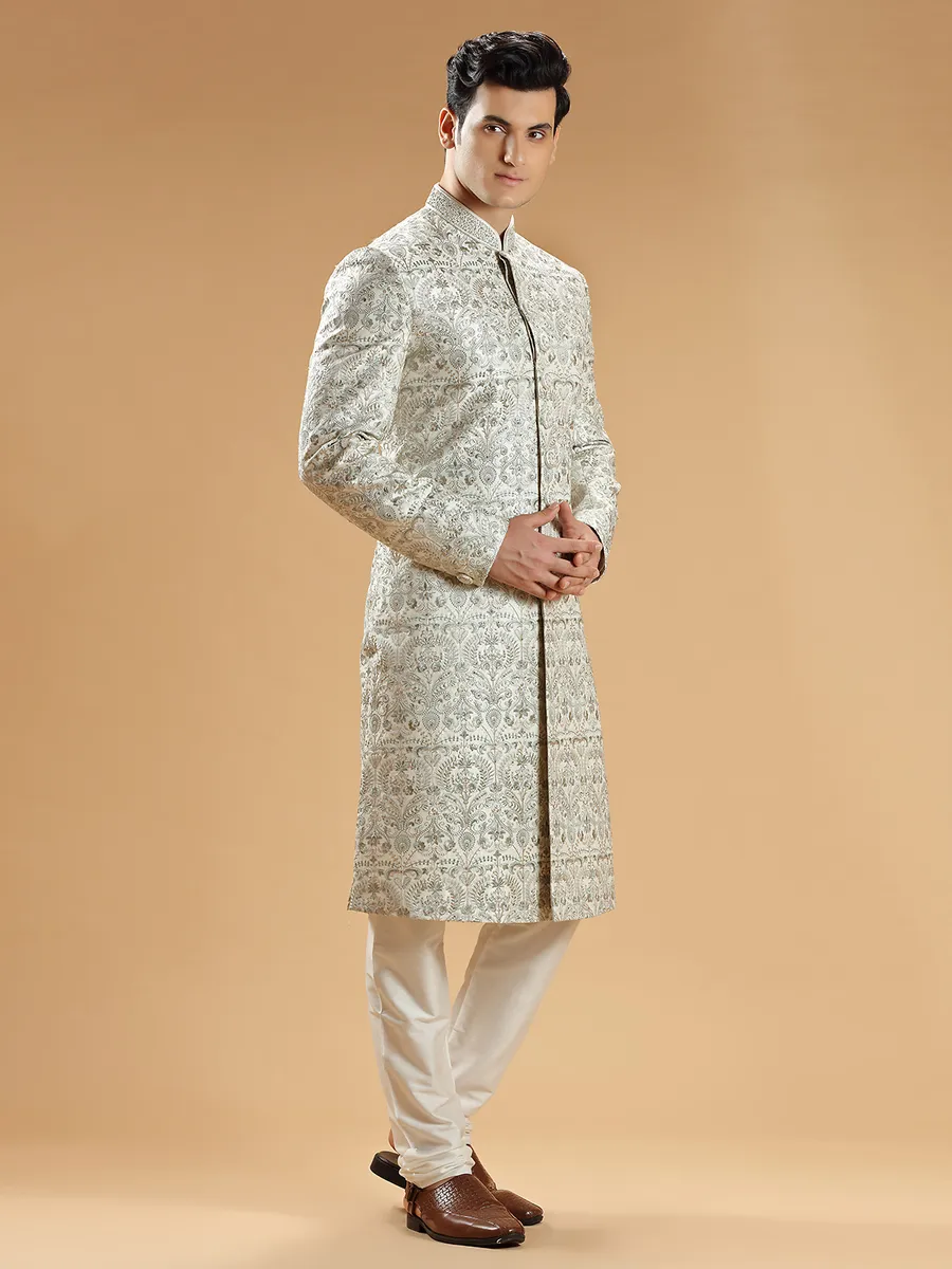 Off white designer raw silk sherwani