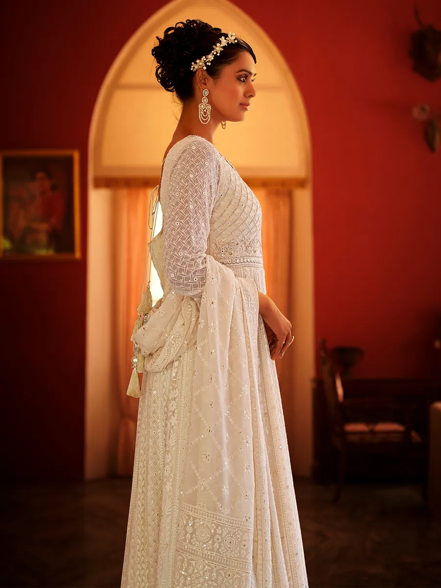 Off-white embroidery anarkali suit