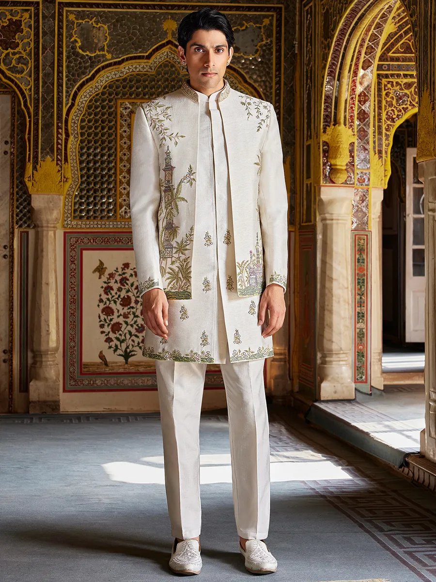 Off white ethnic charm raw silk indo western for men