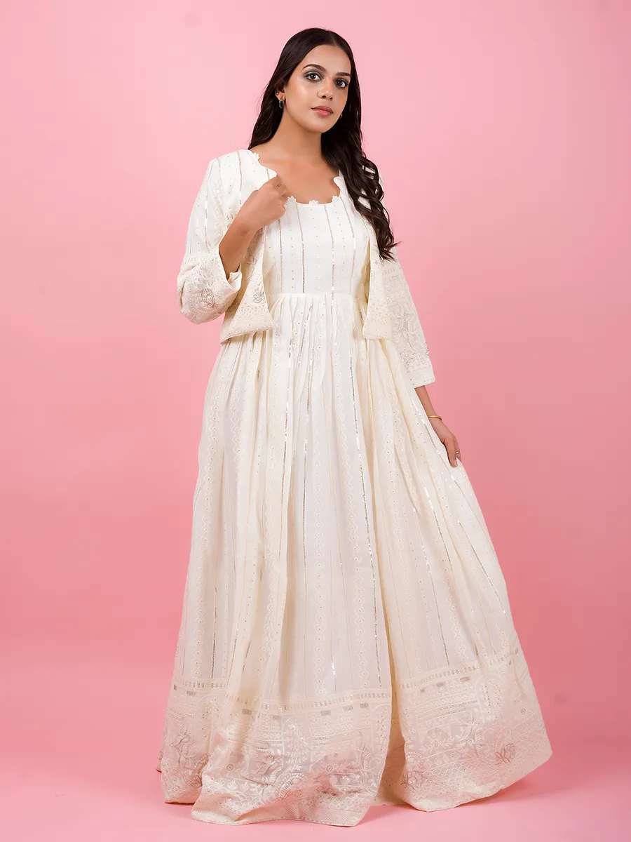 Off-white georgette jacket style anarkali suit