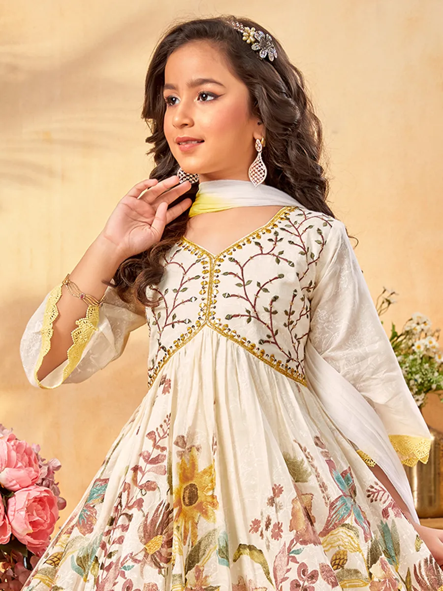 Off-white printed cotton silk salwar suit