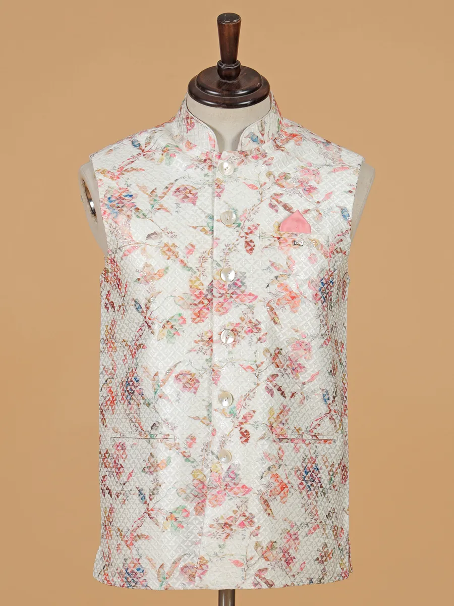 Off white printed cotton silk waistcoat