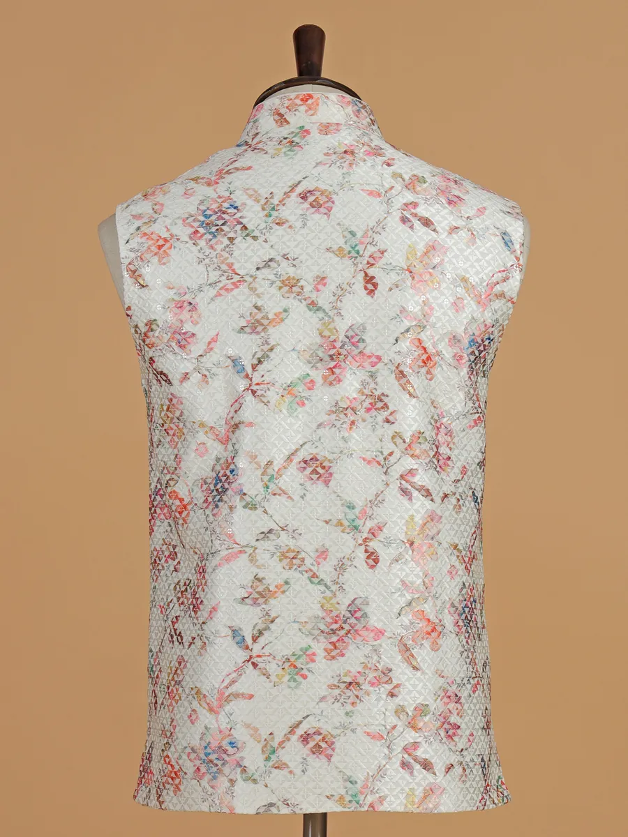 Off white printed cotton silk waistcoat
