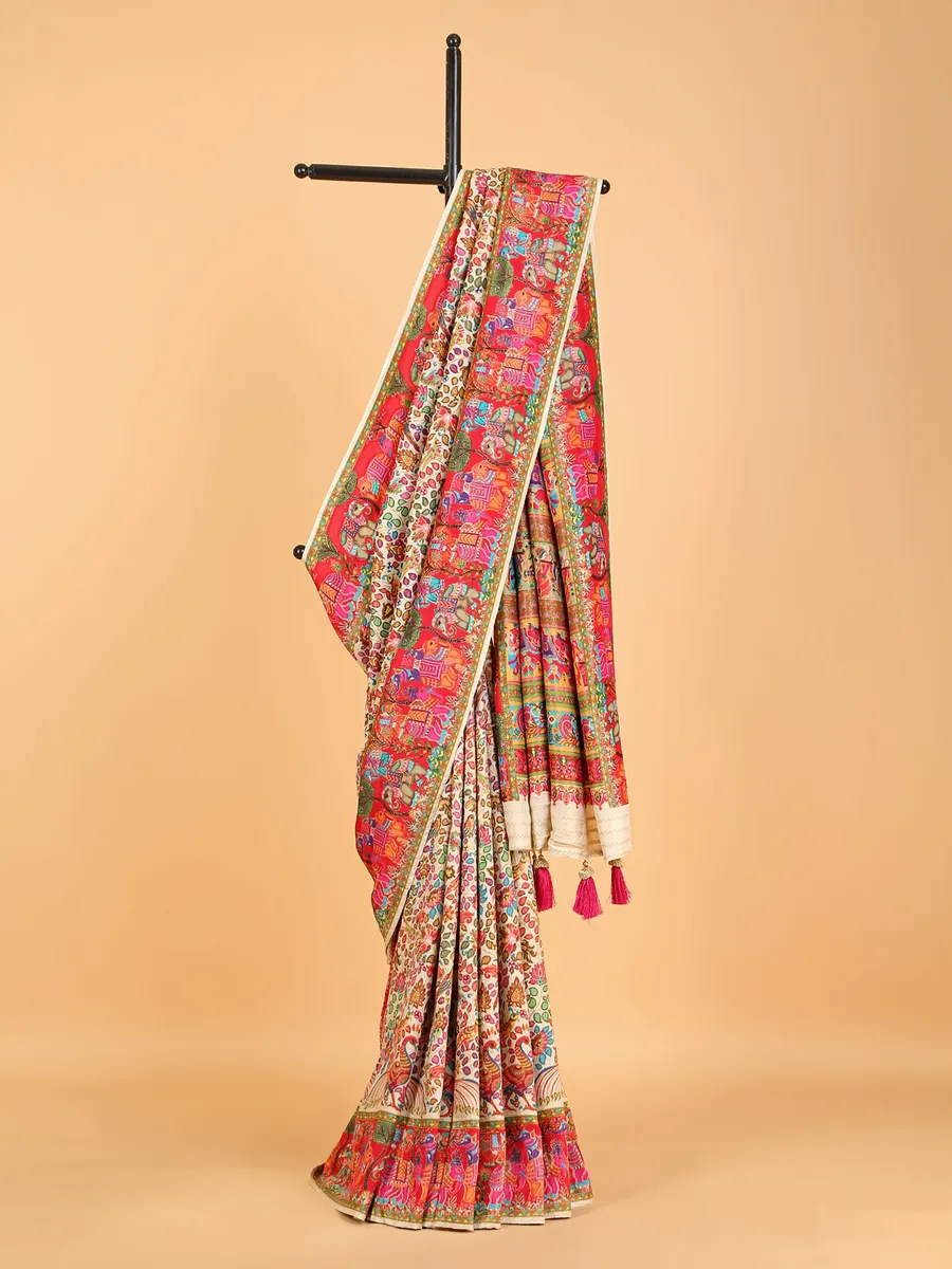 Off-white printed pashmin silk saree