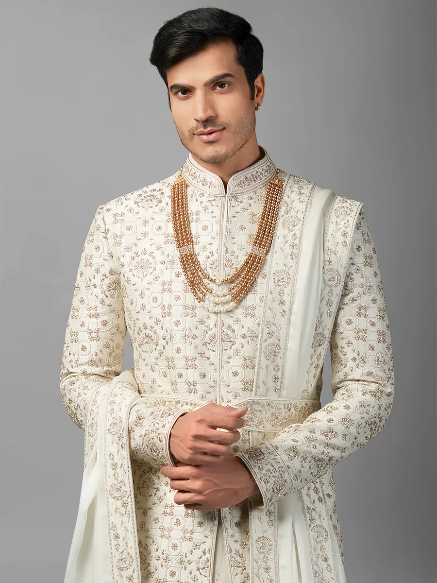 Off-white raw silk peshwai style sherwani