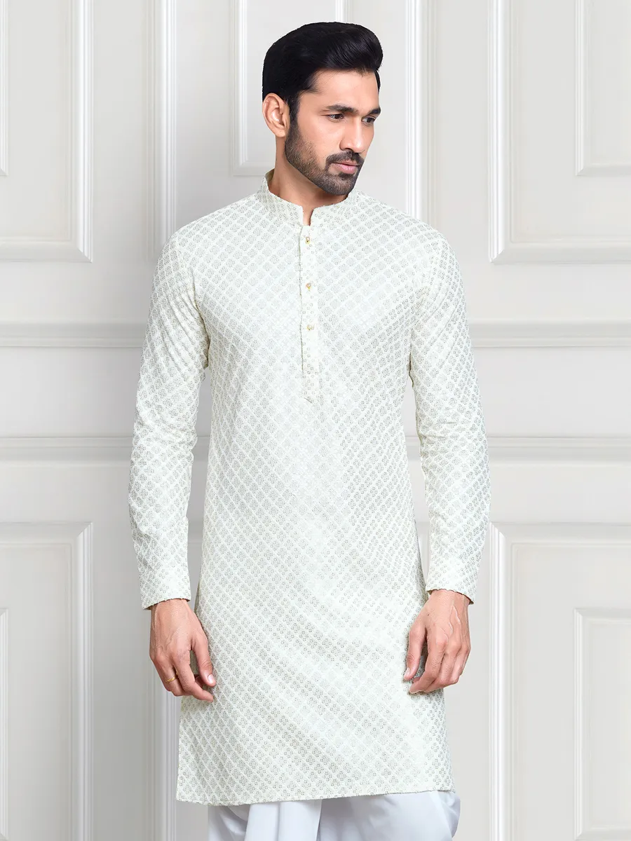 Off white rayon cotton embroidery  Men Kurta pajama