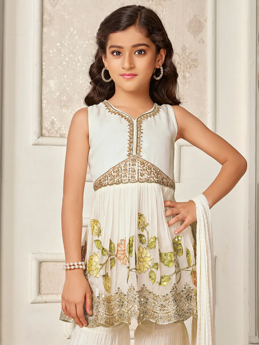 Off-white silk embroidery sharara salwar suit