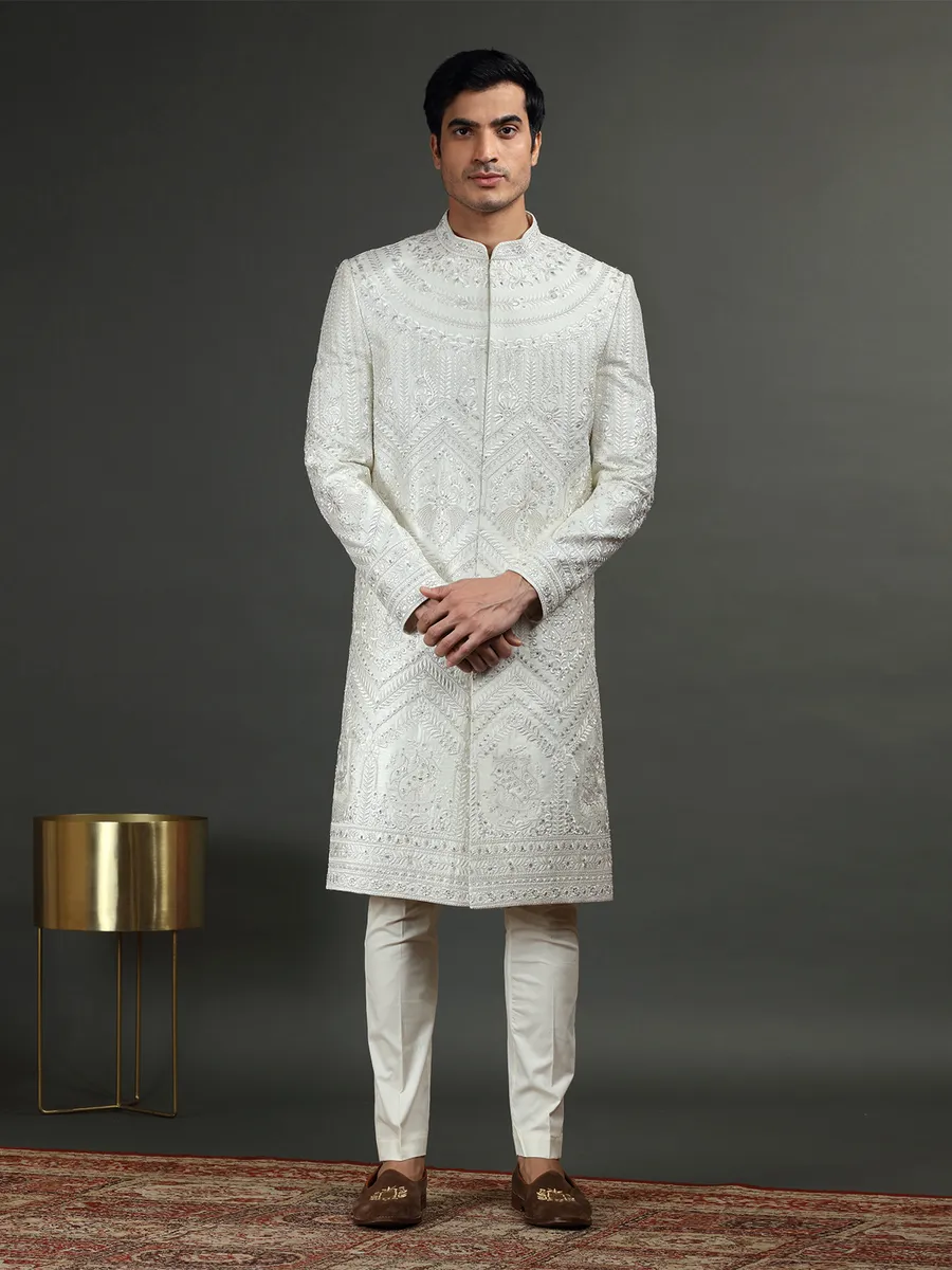 Off white silk embroidery sherwani