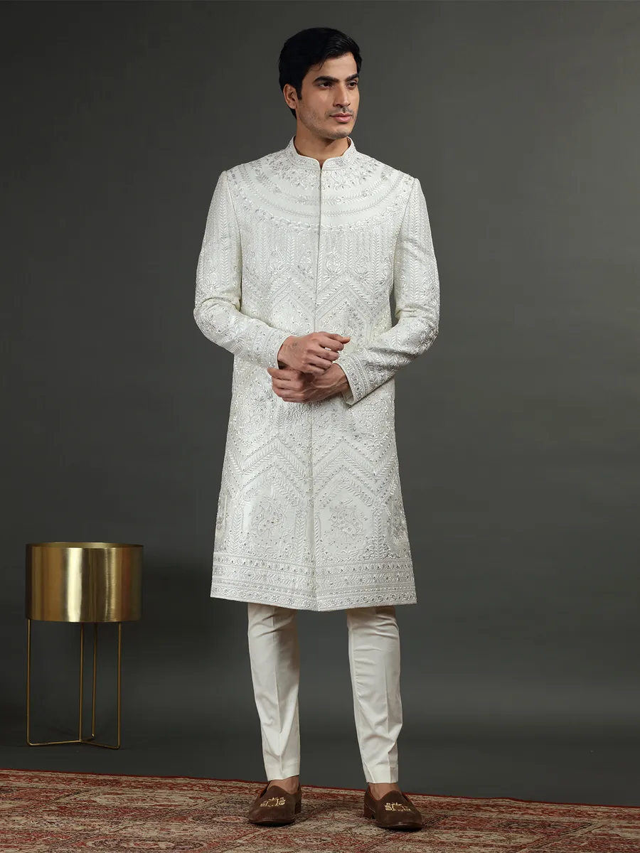 Off white silk embroidery sherwani