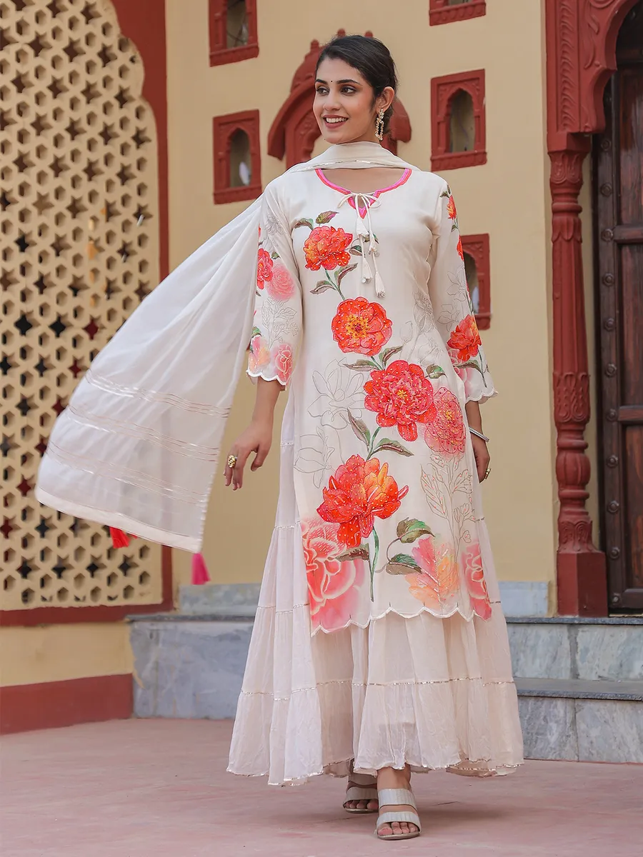 Off white silk floral printed long kurti