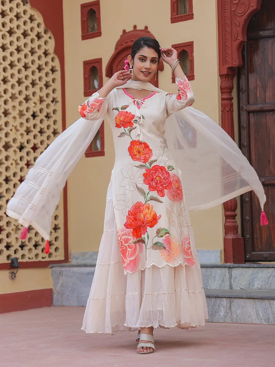 Off white silk floral printed long kurti