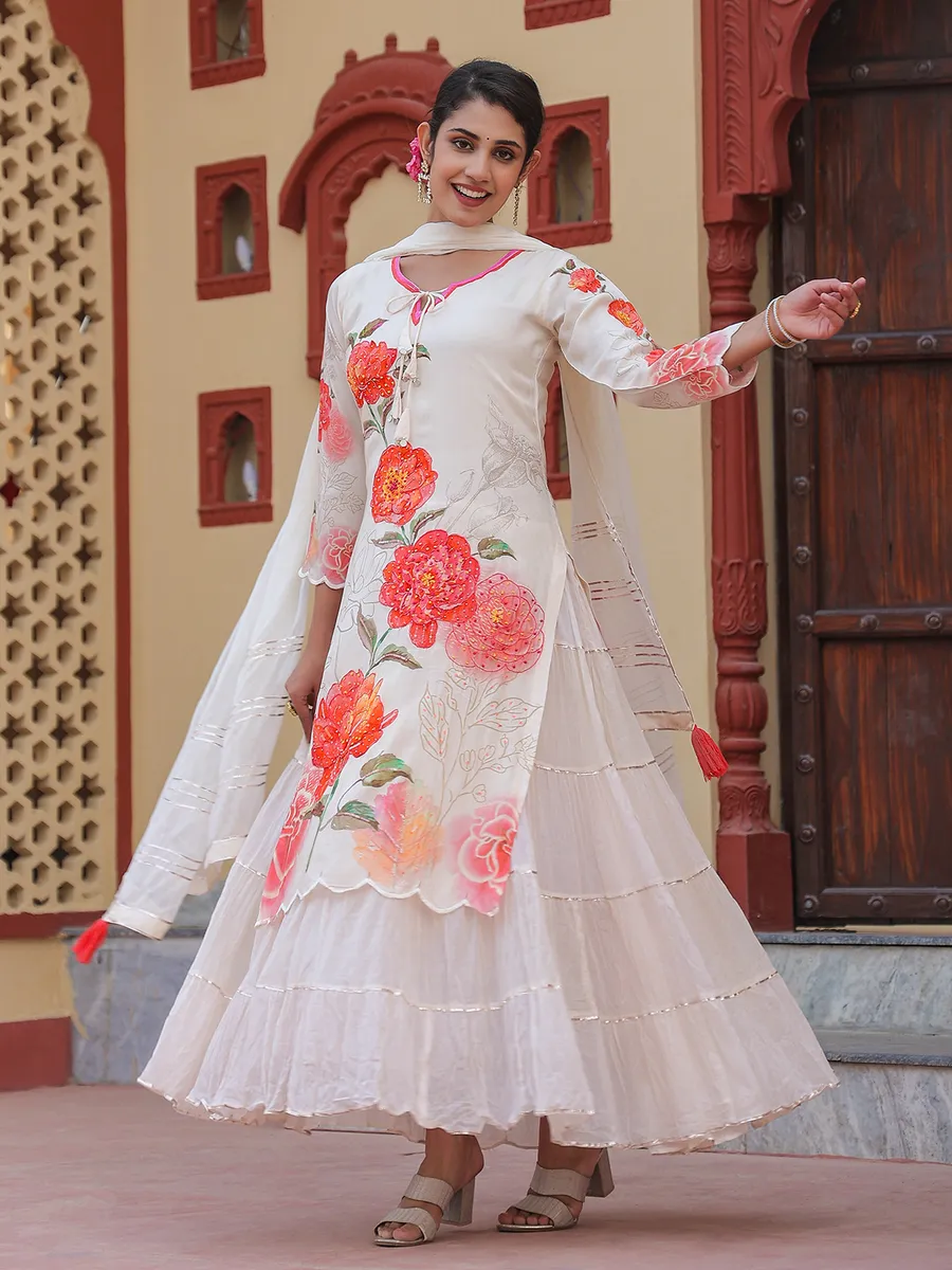 Off white silk floral printed long kurti