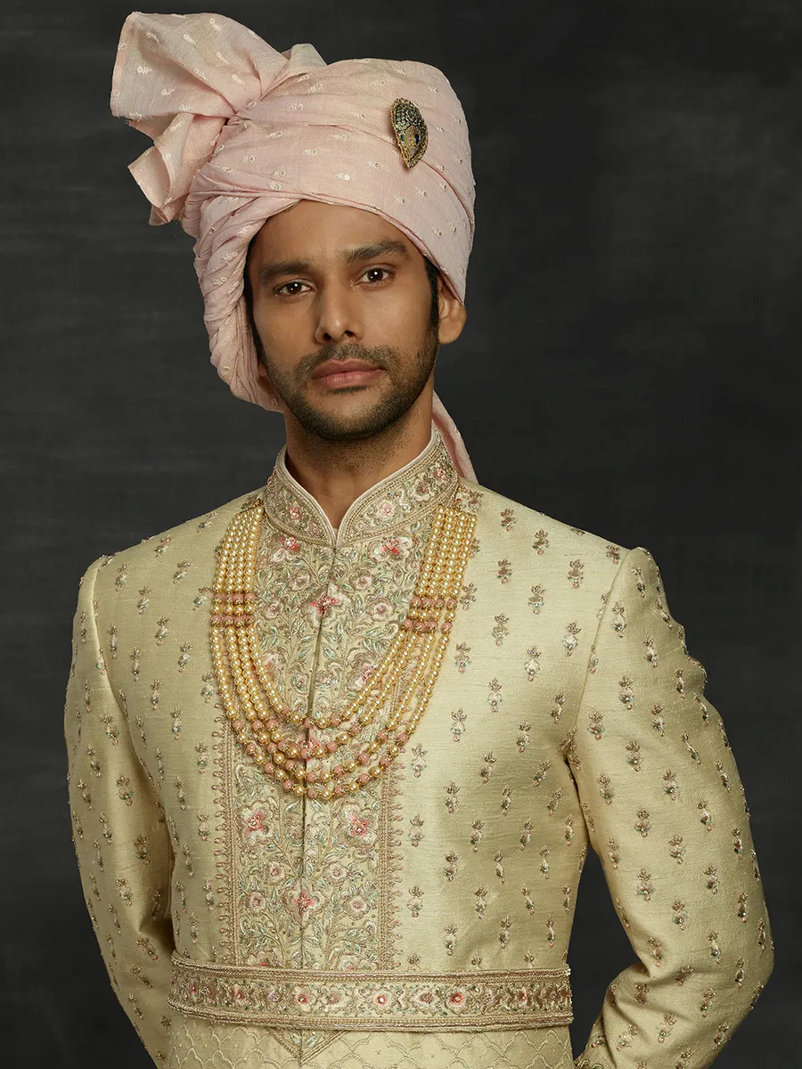 Gold silk wedding mens sherwani