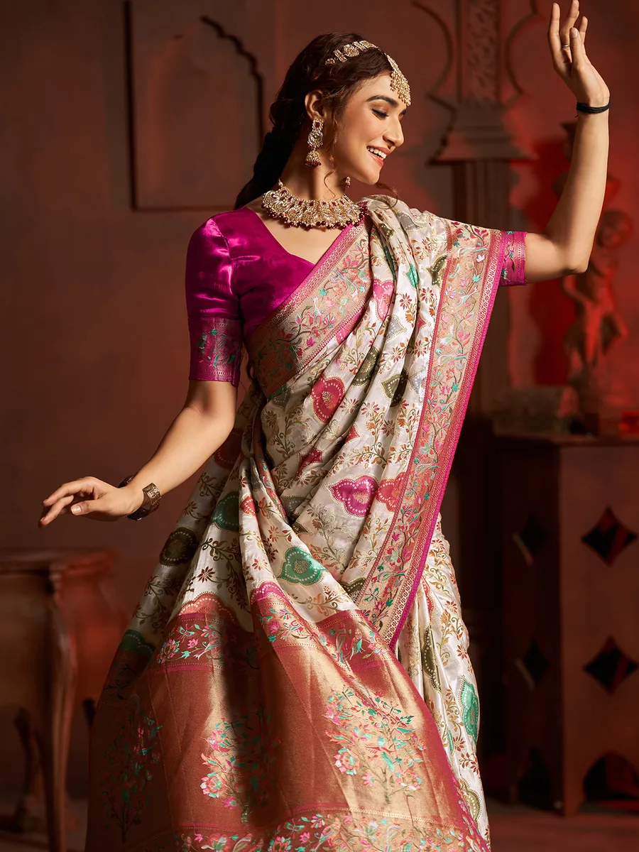 Off white zari woven minakari silk saree