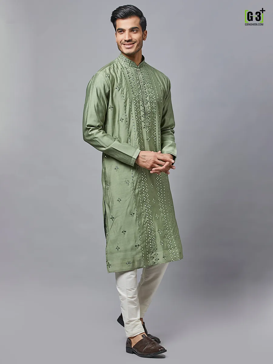 Olive green festive wear kurta set in silk