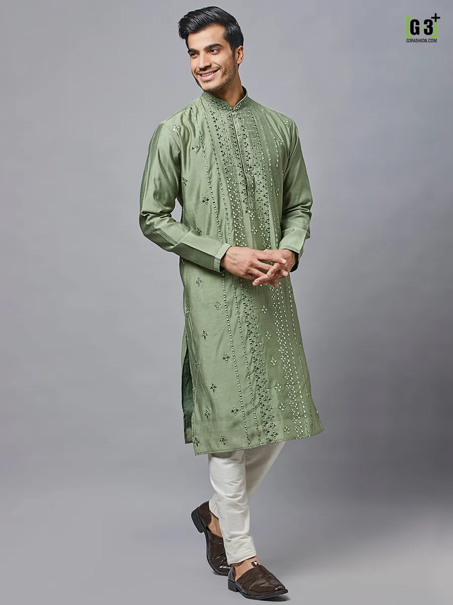 Olive green festive wear kurta set in silk