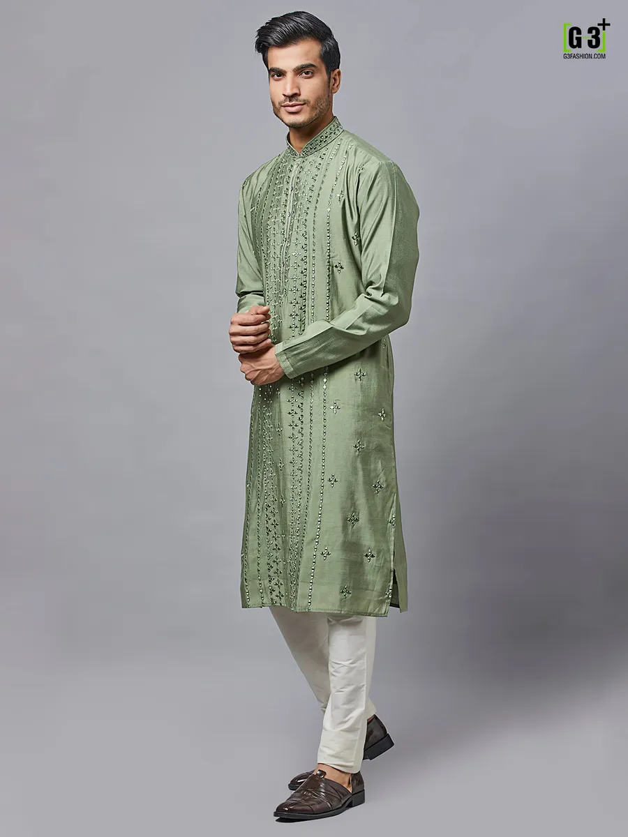 Olive green festive wear kurta set in silk