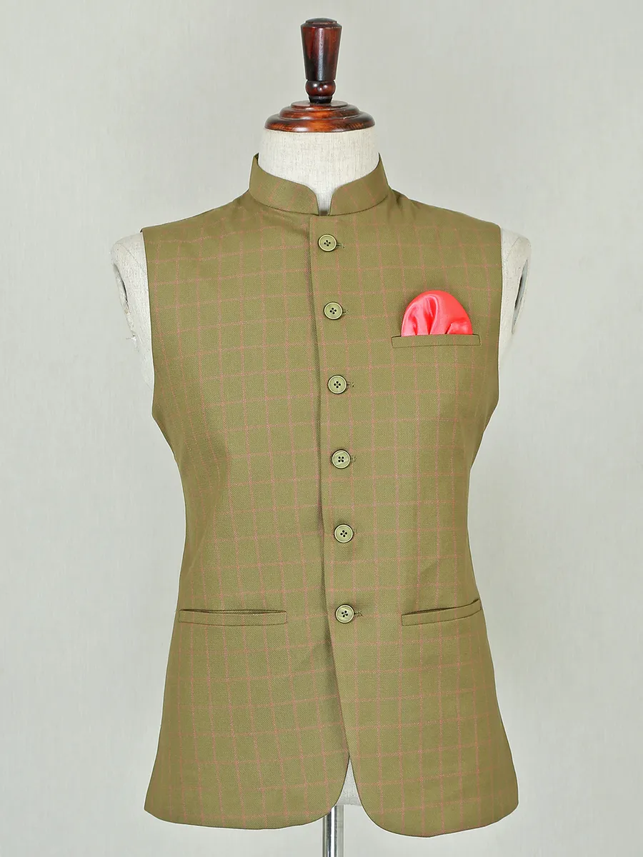 Olive hued checked waistcoat in cotton silk