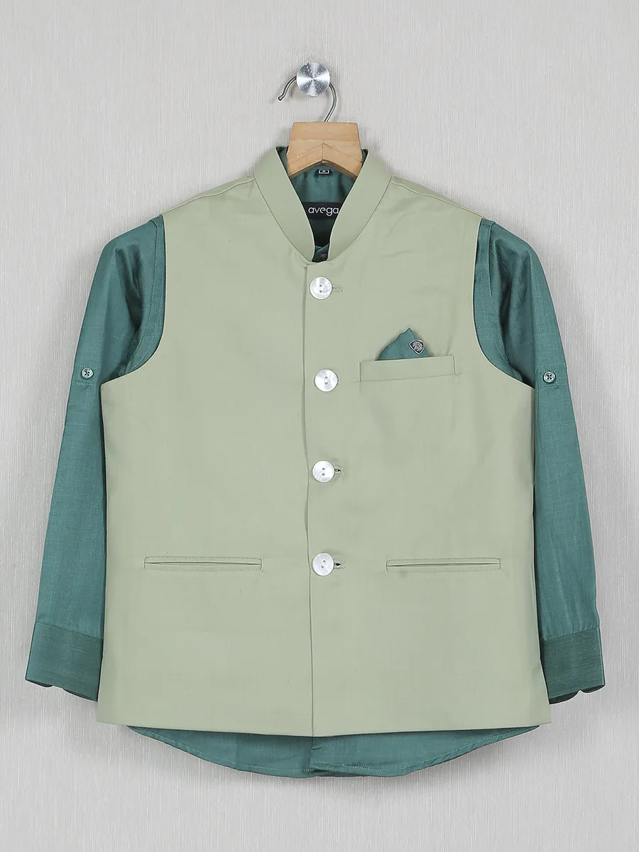 Olive hued plain waistcoat shirt for boys in terry rayon