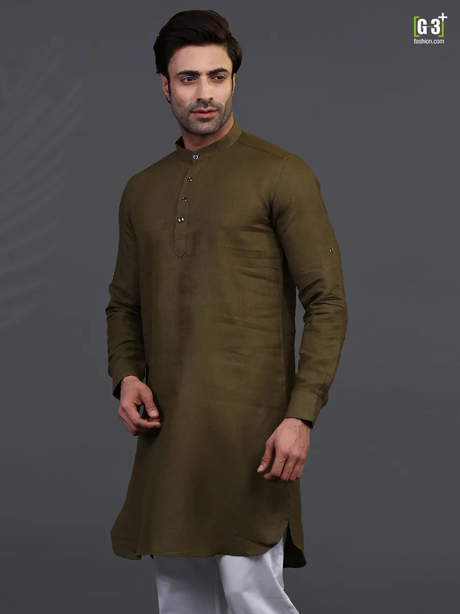 Olive linen kurta for festive days