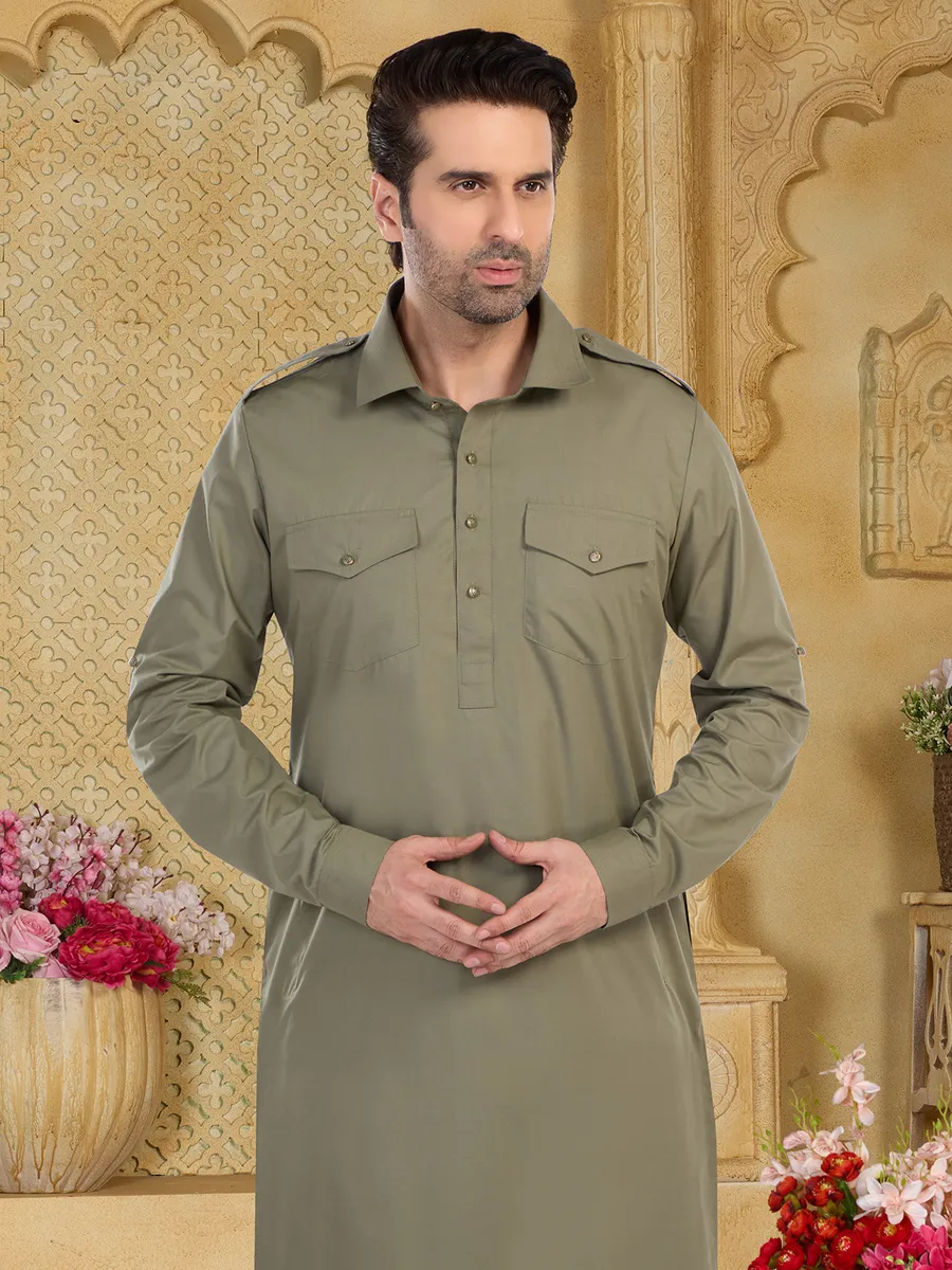 Olive plain cotton pathani suit
