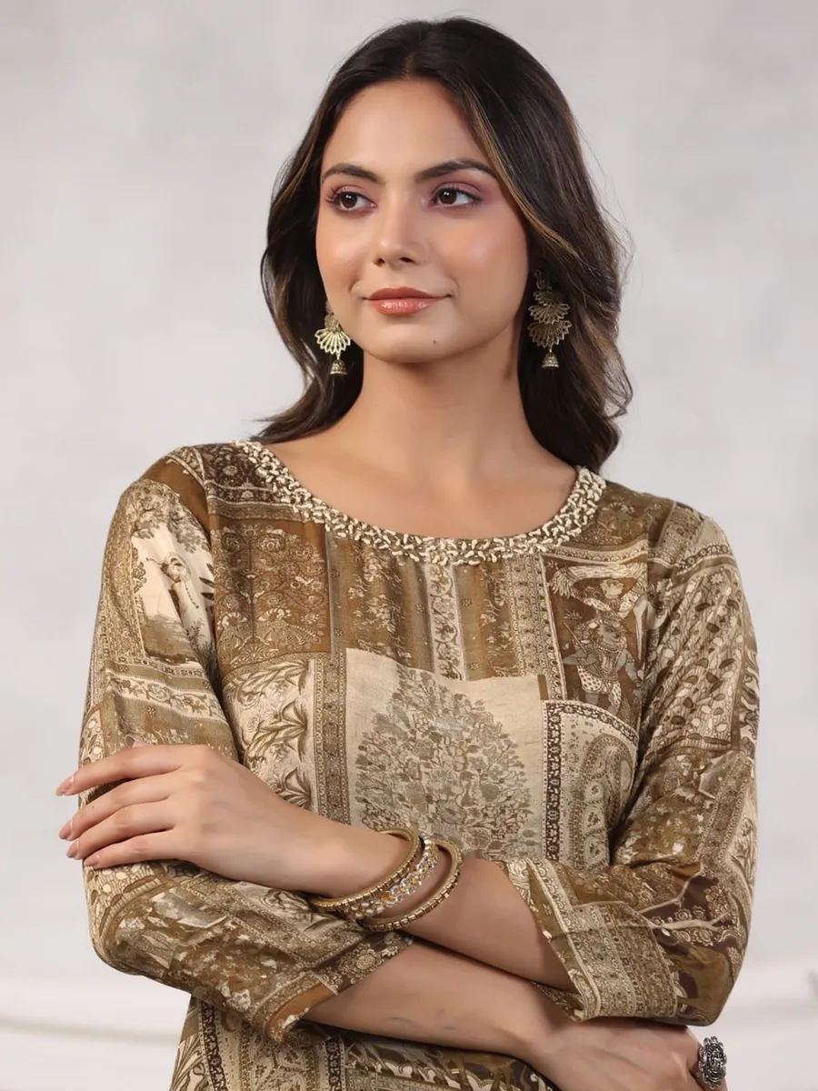 Olive silk printed kurti with pant