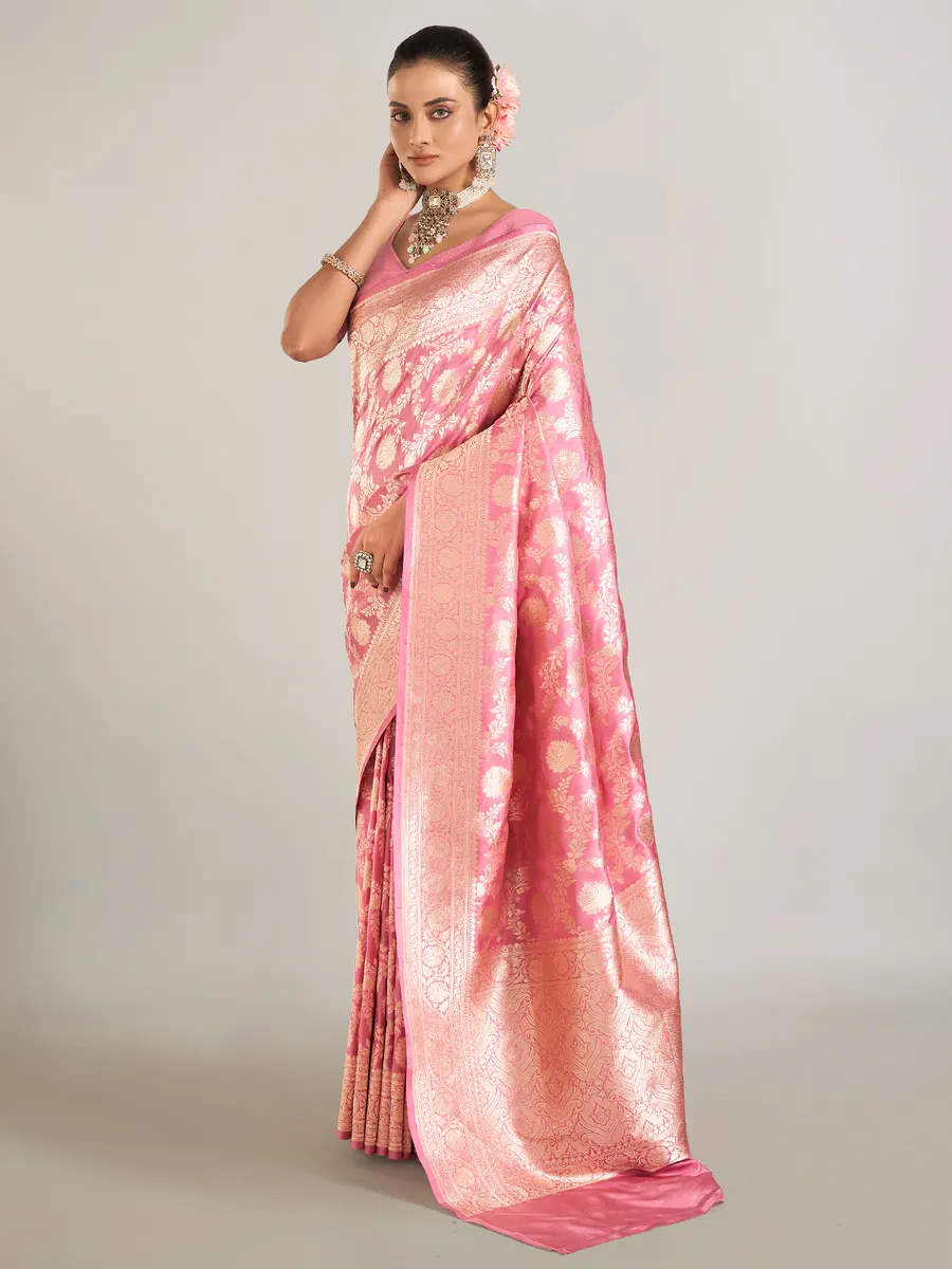 Onion pink banarasi silk saree in zari weaving