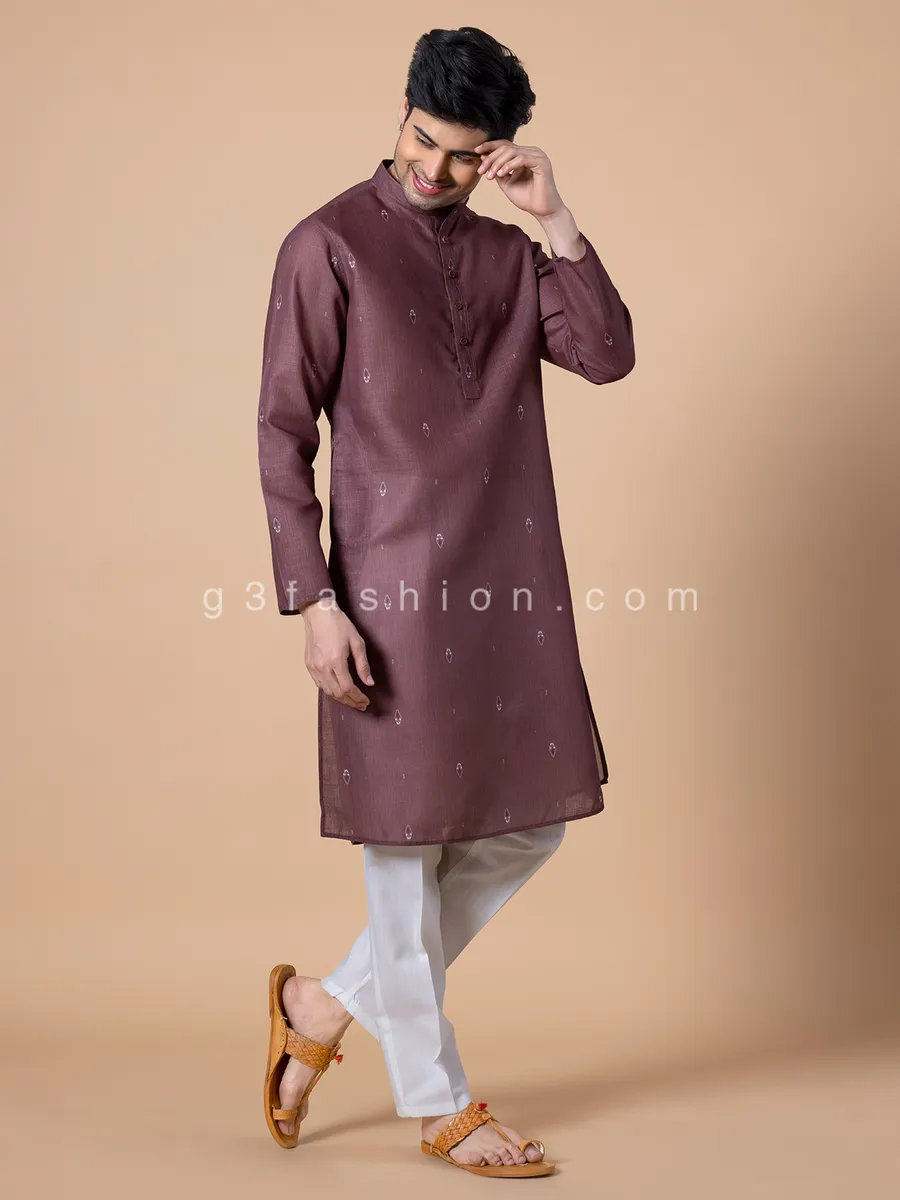 Onion pink cotton printed men kurta set