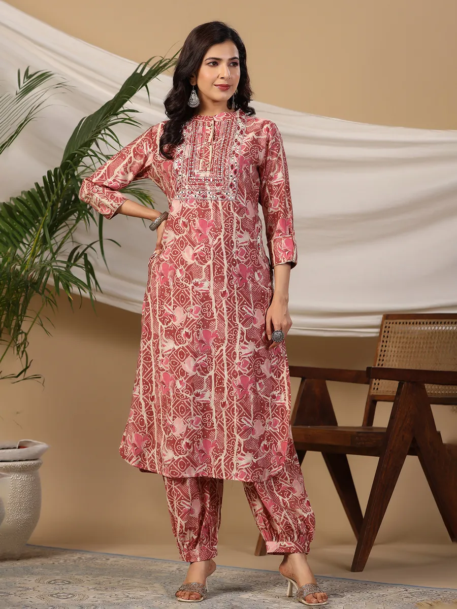 Onion pink printed cotton kurti with salwar