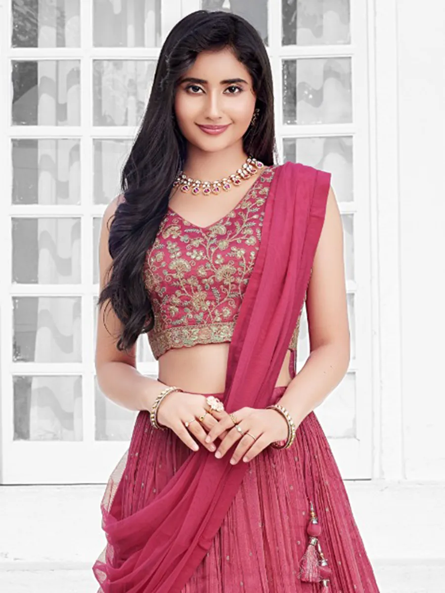 Onion pink resham worked silk lehenga choli