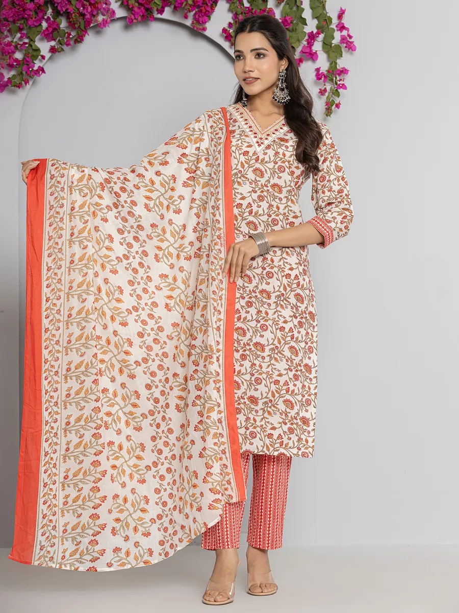 Orange and off-white cotton printed kurti set