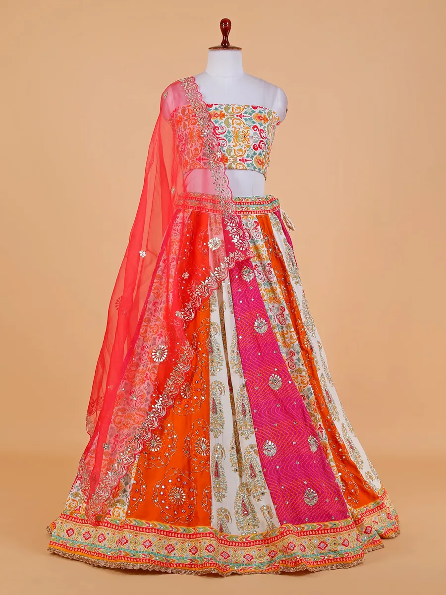 Orange and pink printed unstitched lehenga choli