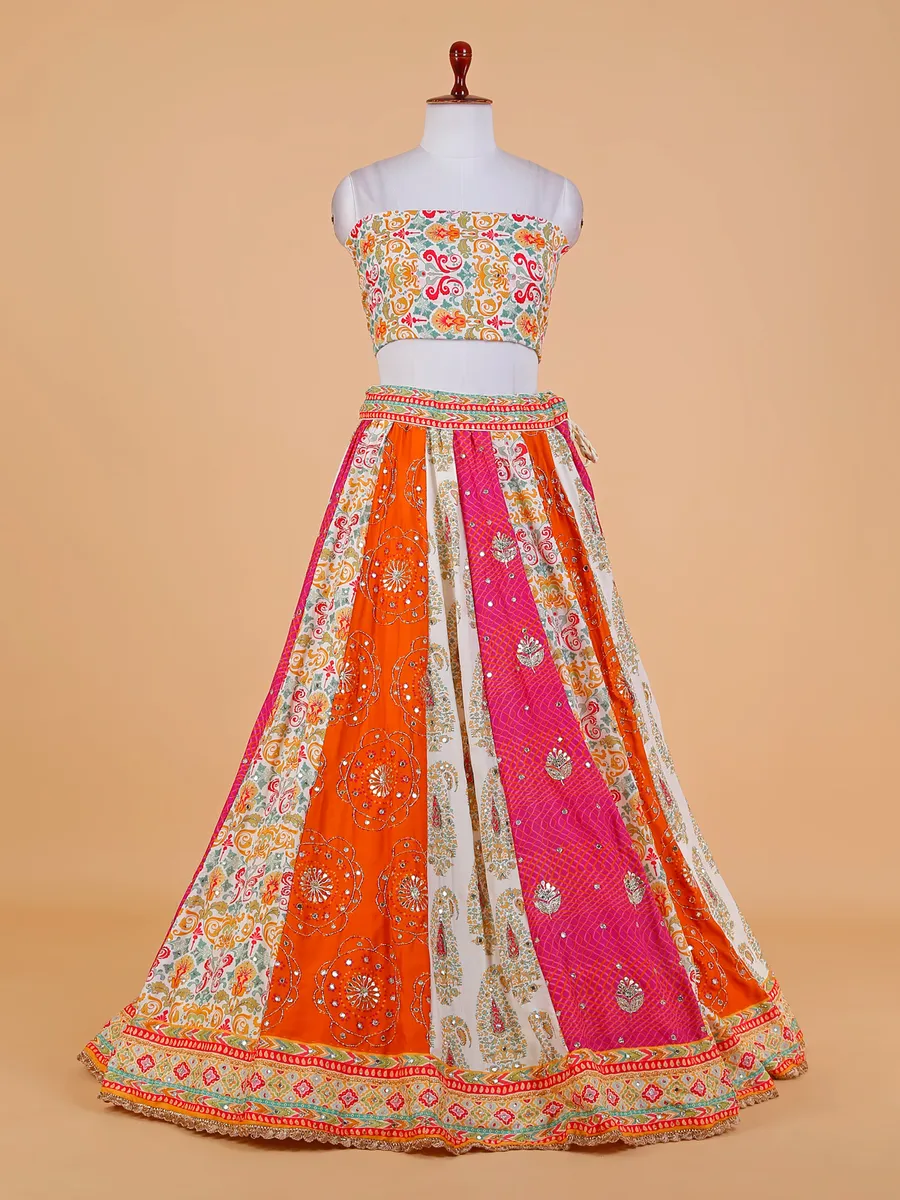 Orange and pink printed unstitched lehenga choli