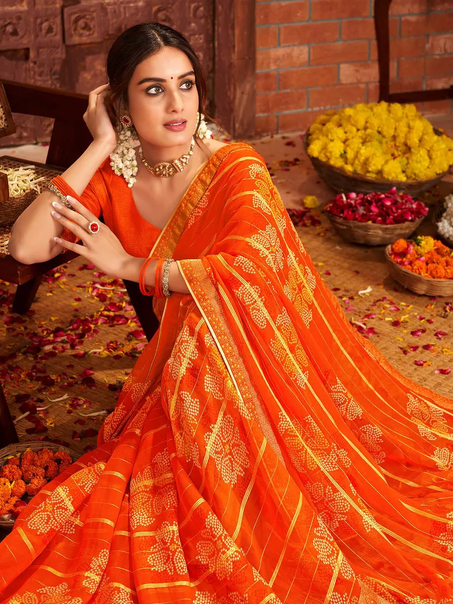 Orange bandhej printed georgette saree