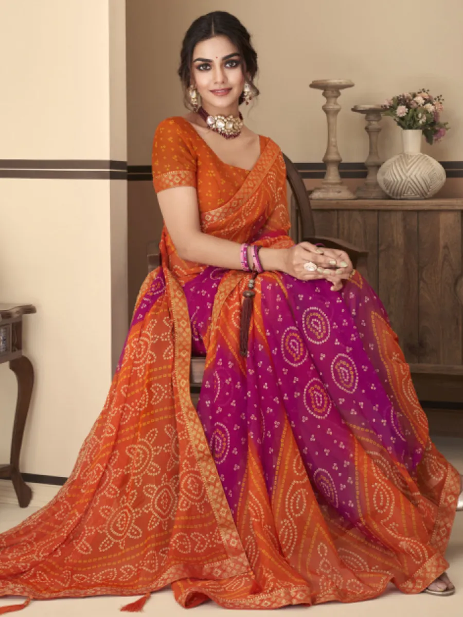 Orange chiffon bandhej saree