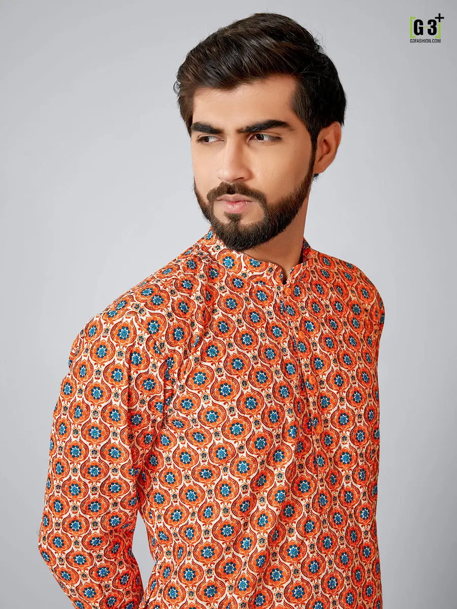 Orange cotton silk kurta set for festive events