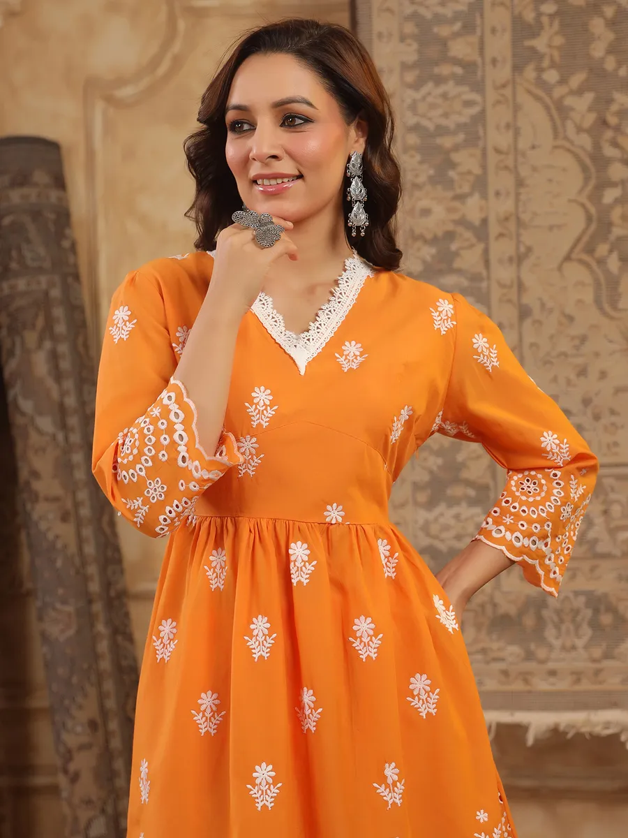 Orange cotton silk kurti set with embroidery