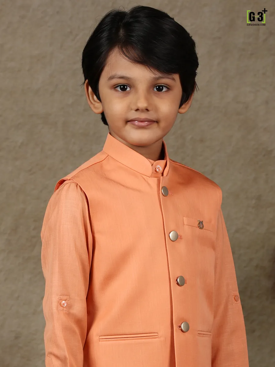 Peach rich cotton silk waistcoat set for boys