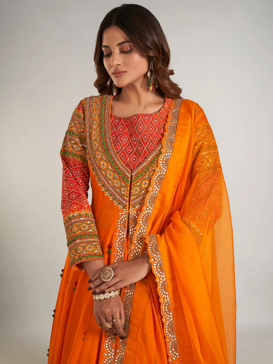 Orange georgette jacket style lehenga suit