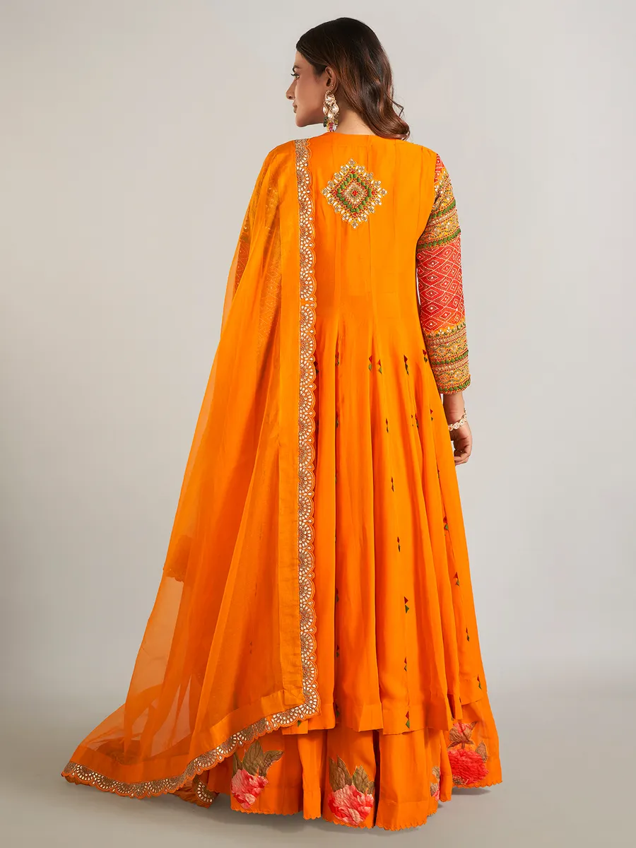 Orange georgette jacket style lehenga suit