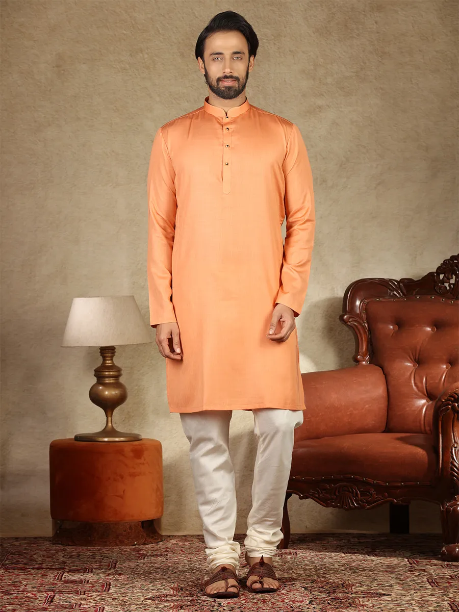 Peach hue solid cotton fabric  Men Kurta pajama