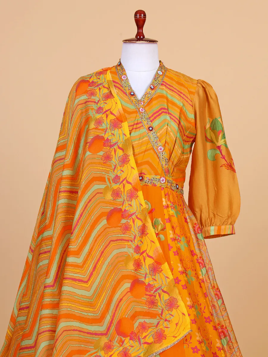 Orange printed silk anarkali salwar suit G3 WSS41998 Canada