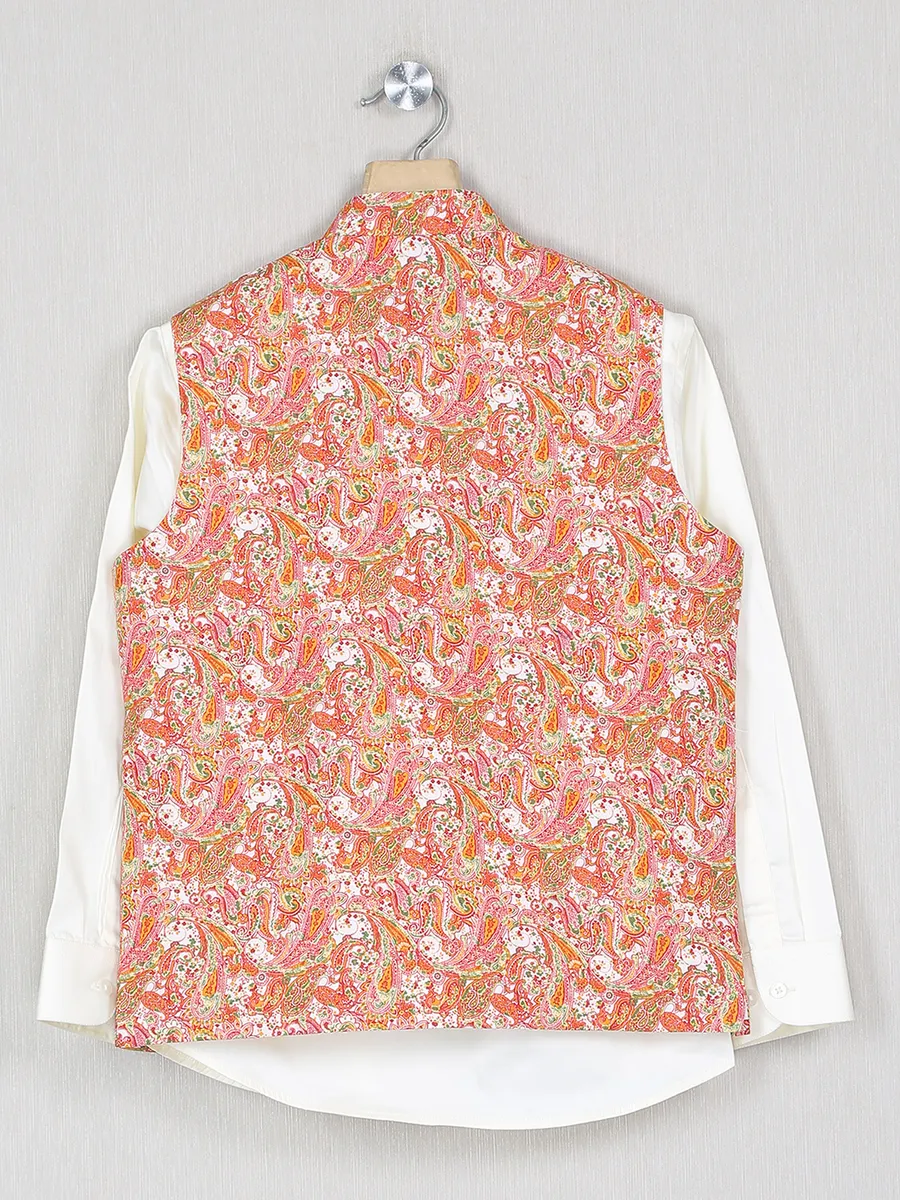 Orange printed waistcoat with shirt in cotton silk